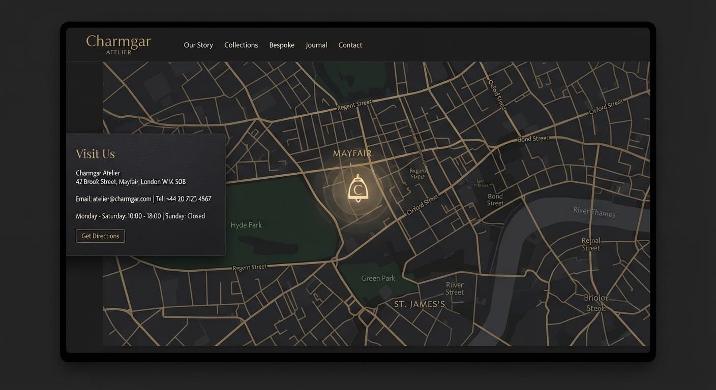 Stylized dark map of London with gold streets and a boutique marker