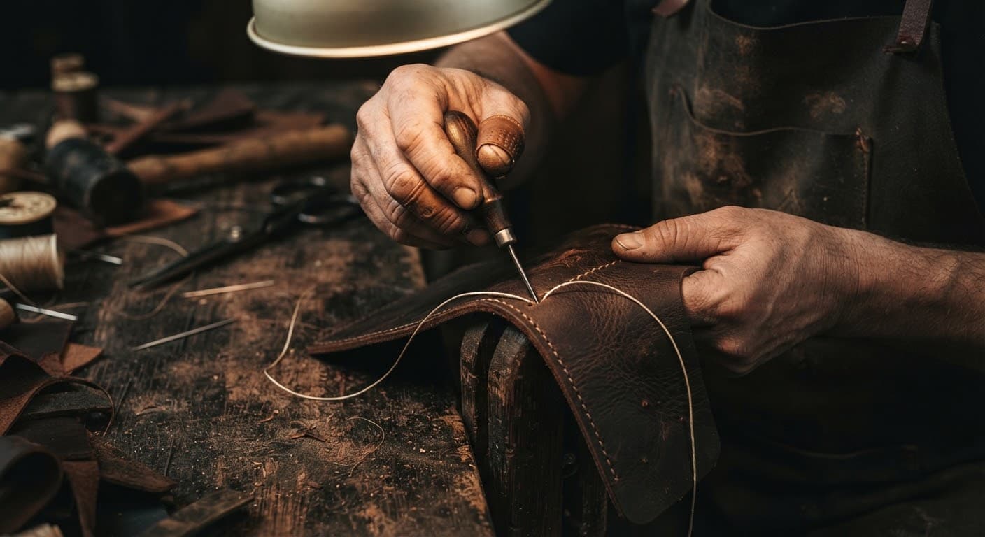 Artisan's hands working leather with a stitching awl on a dark oak bench