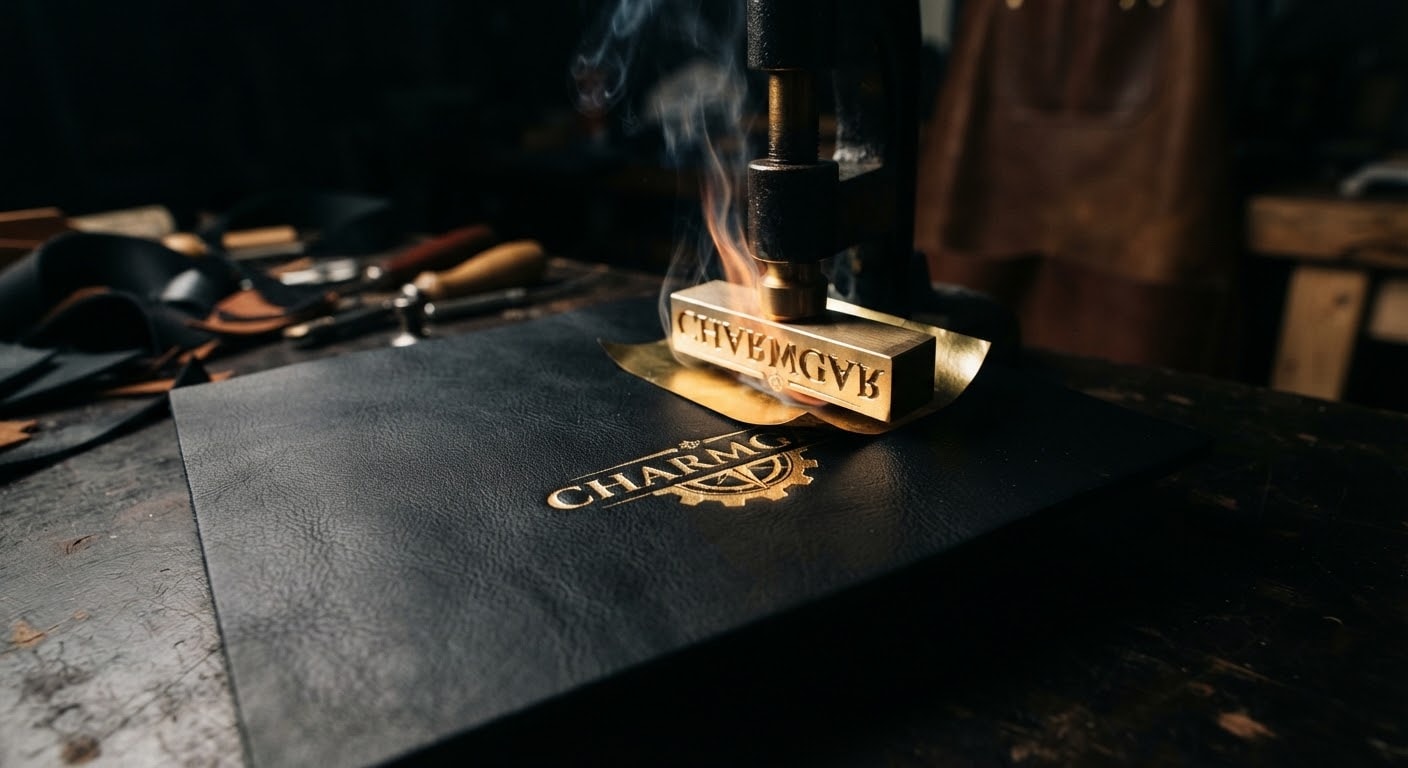 Brass embossing stamp pressing the Charmgar logo into black leather