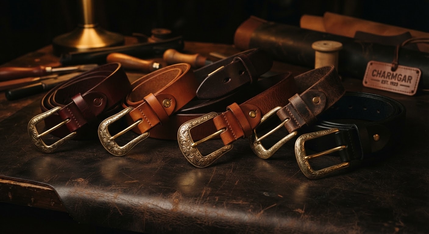 Handcrafted leather belts with hand-engraved gold buckles