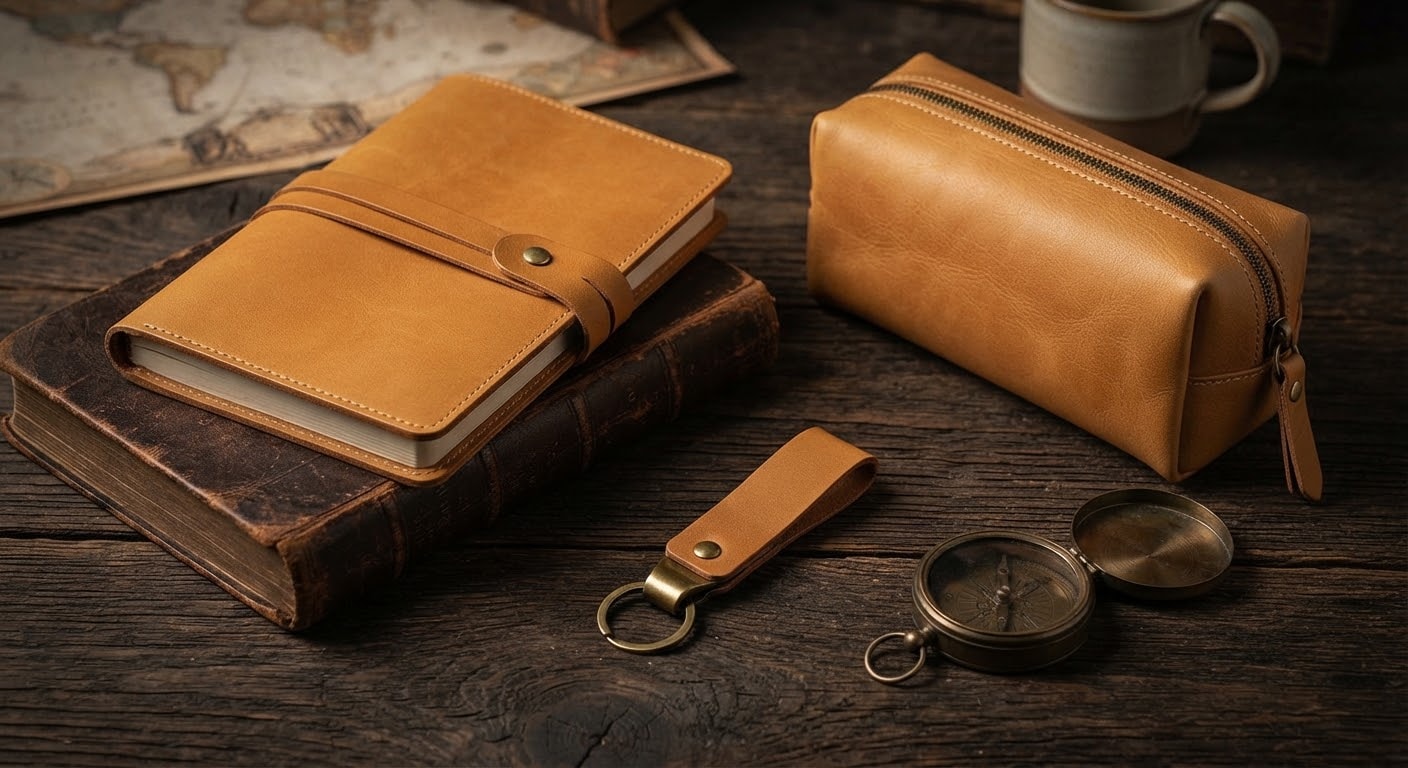 Leather journal, key fob, and travel pouch in honey-colored leather