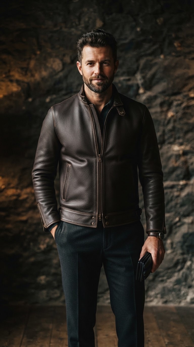 Man wearing a deep espresso pebble-grain leather jacket against a charcoal stone wall