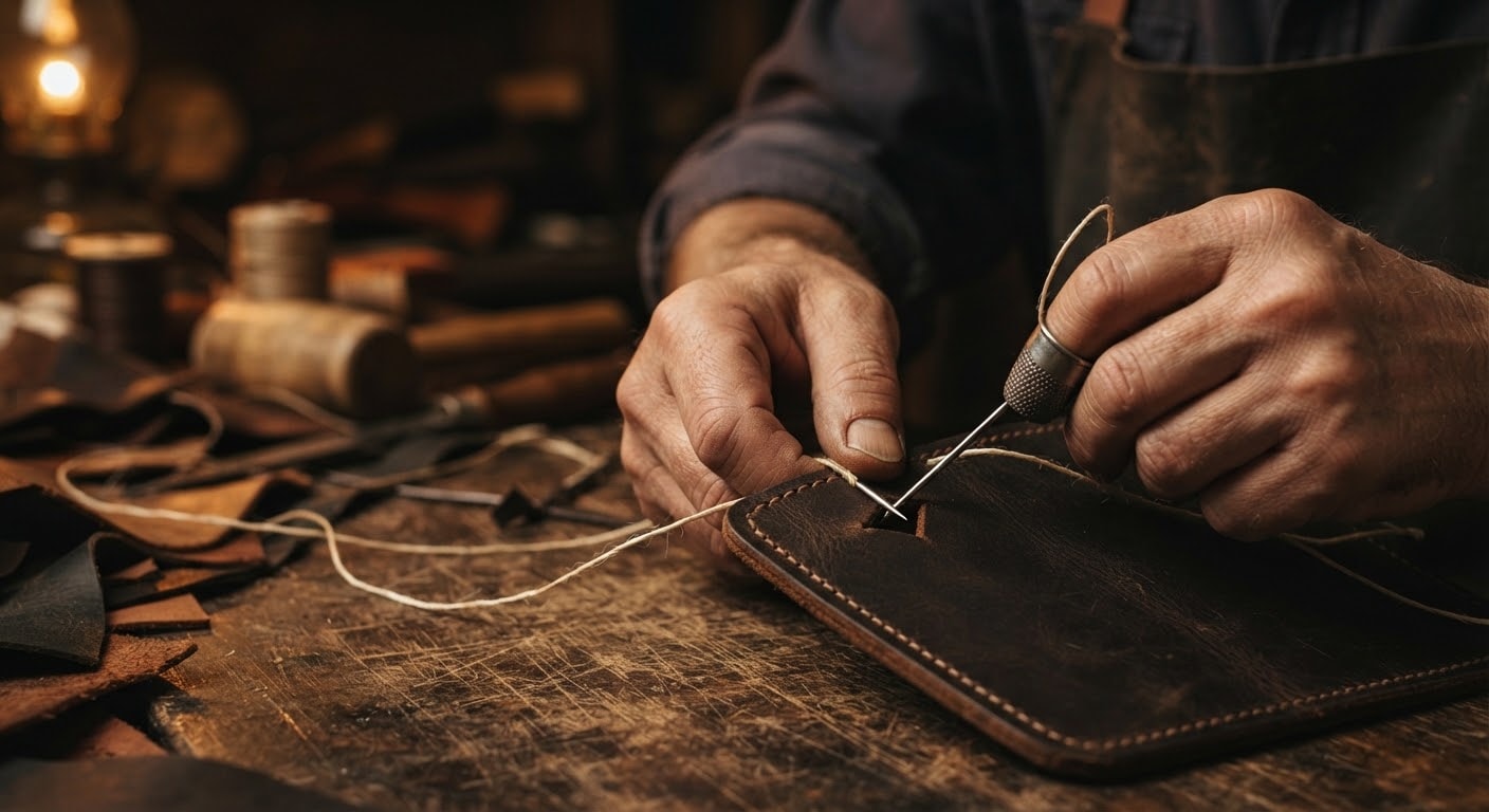 Master craftsman's hands hand-stitching thick dark leather