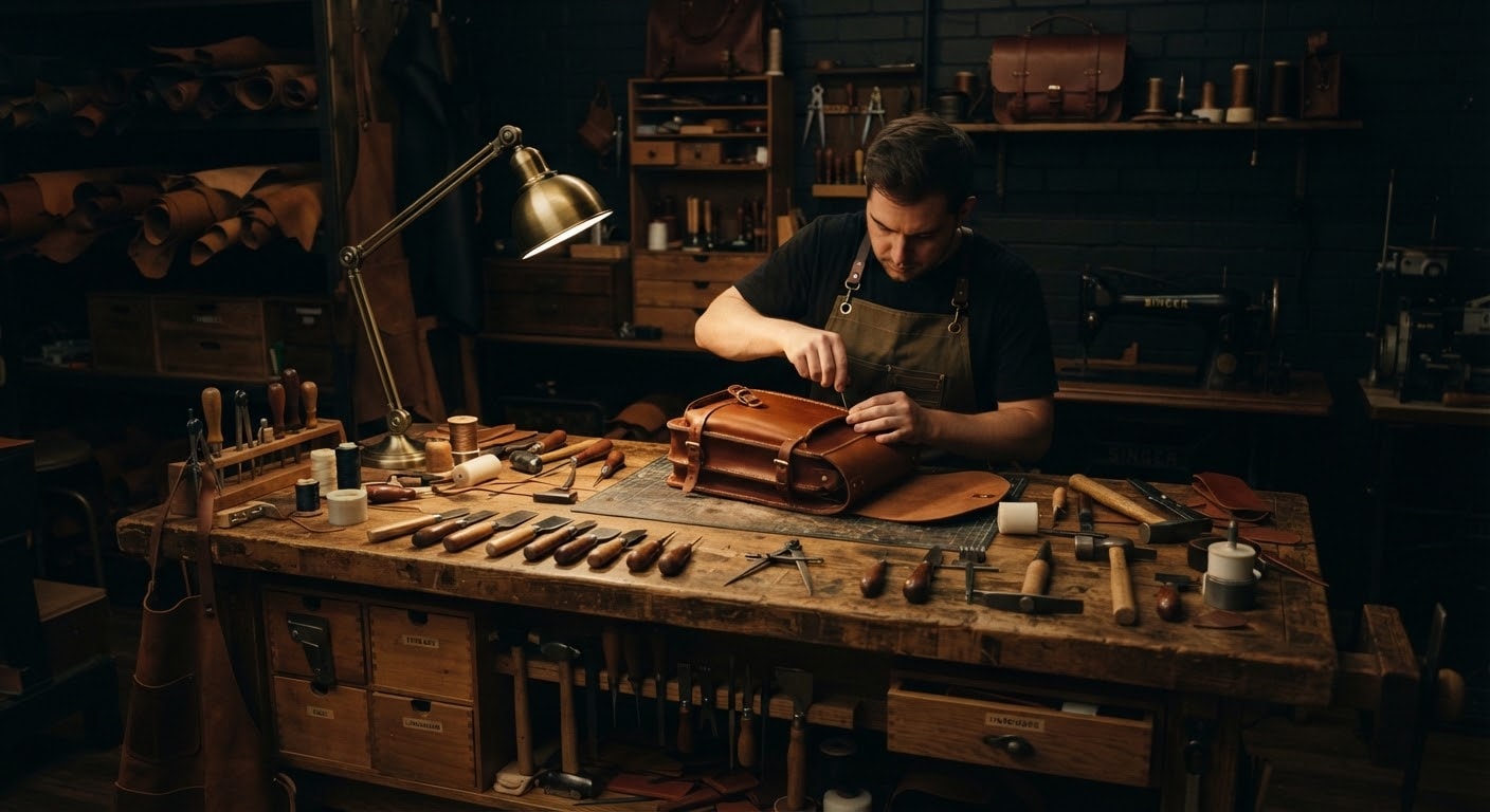 Master leather artisan's desk with cutting tools and a half-finished bag