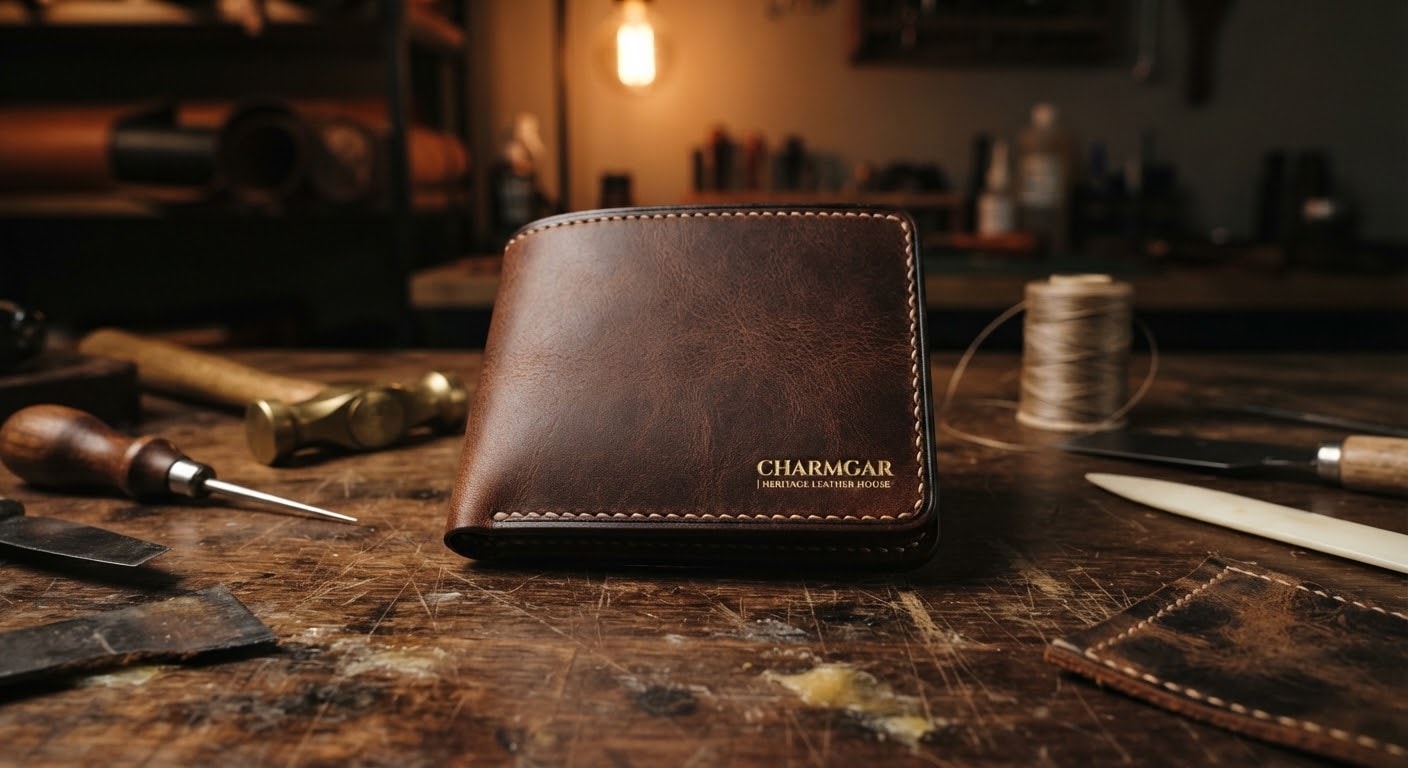 Minimalist bi-fold wallet in full-grain leather with gold foil logo