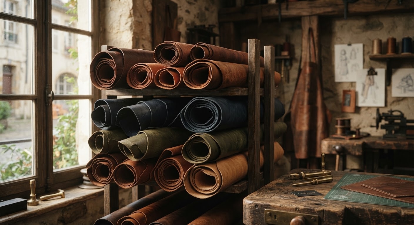 Rolls of premium leather in chestnut, cognac, and deep navy