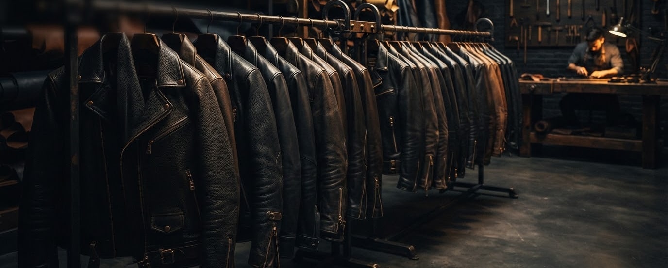 A rack of handcrafted leather jackets in a dimly lit atelier