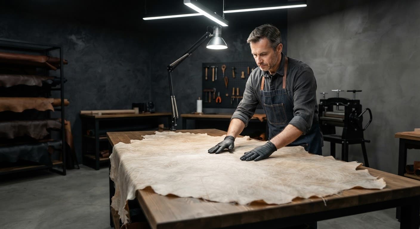 Artisan examining a full sheet of rawhide under inspection lights