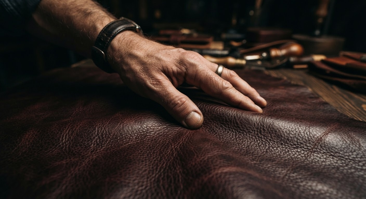 Macro photograph of pebble-grain mahogany leather being inspected by hand