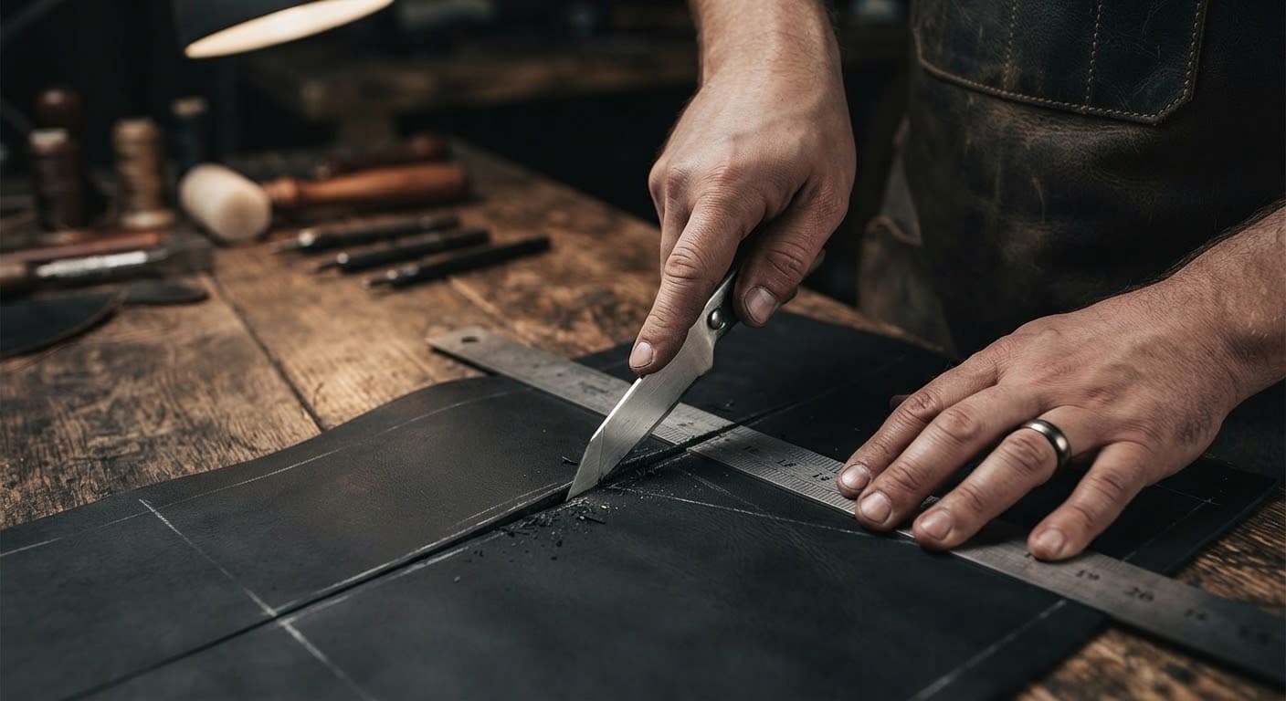 A sharp knife slicing through thick black leather beside steel rulers