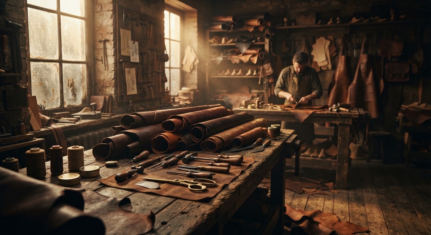 Traditional leather atelier with rolls of leather and antique tools in golden light