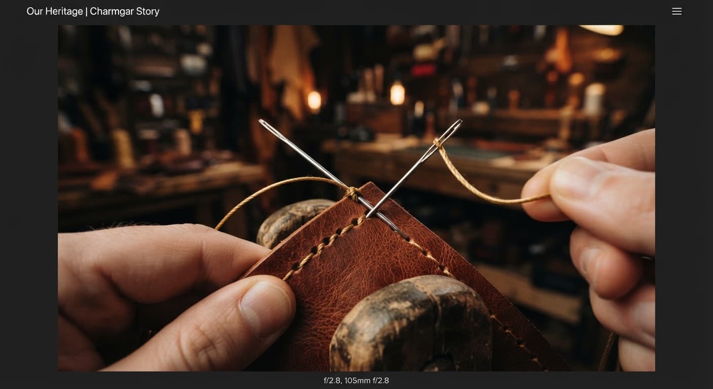 Two needles pulling waxed gold thread through cognac leather