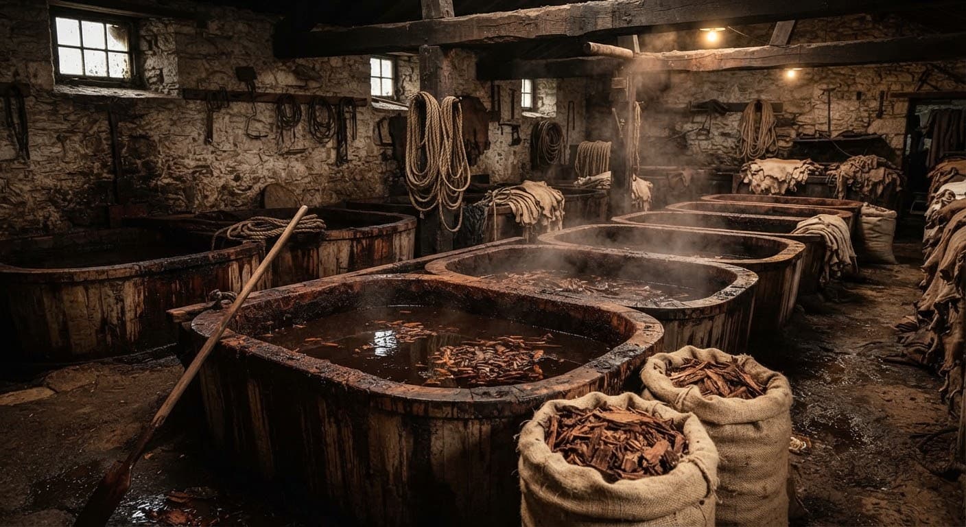 Vats of natural tanning agents in an old-world tannery